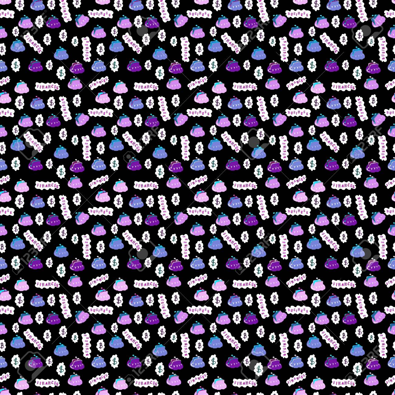 원활한 비즈니스 패턴입니다. 검정, 흰색, 분홍색 배경에 비트코인과 달러가 있는 매끄러운 패턴입니다. 벡터 일러스트 레이 션. 로고,  인쇄 제품에 사용합니다. 로열티 무료 사진, 그림, 이미지 그리고 스톡포토그래피. Image 111927217