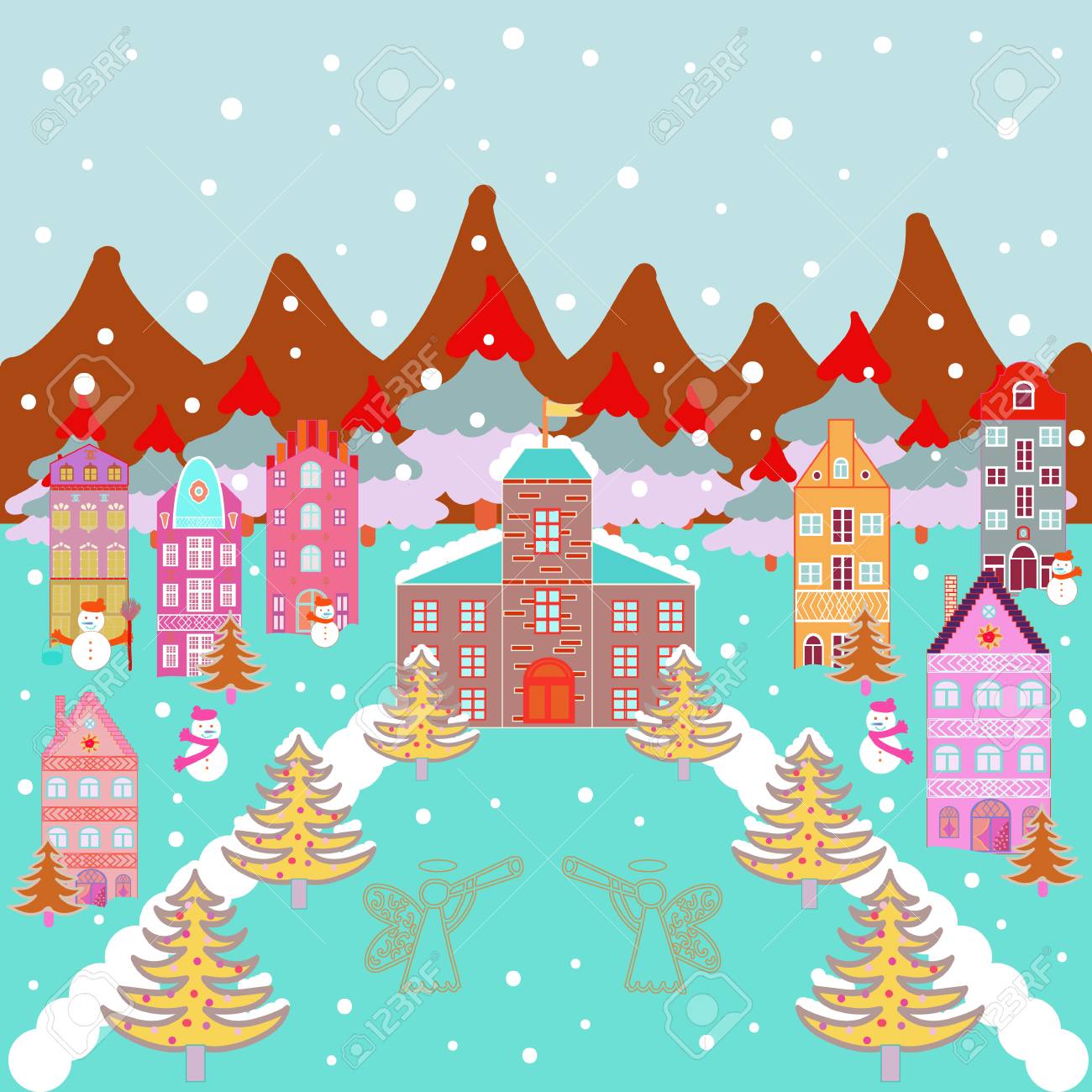 Vector Cartoon Drawing Of Christmas Suburban Houses With Making