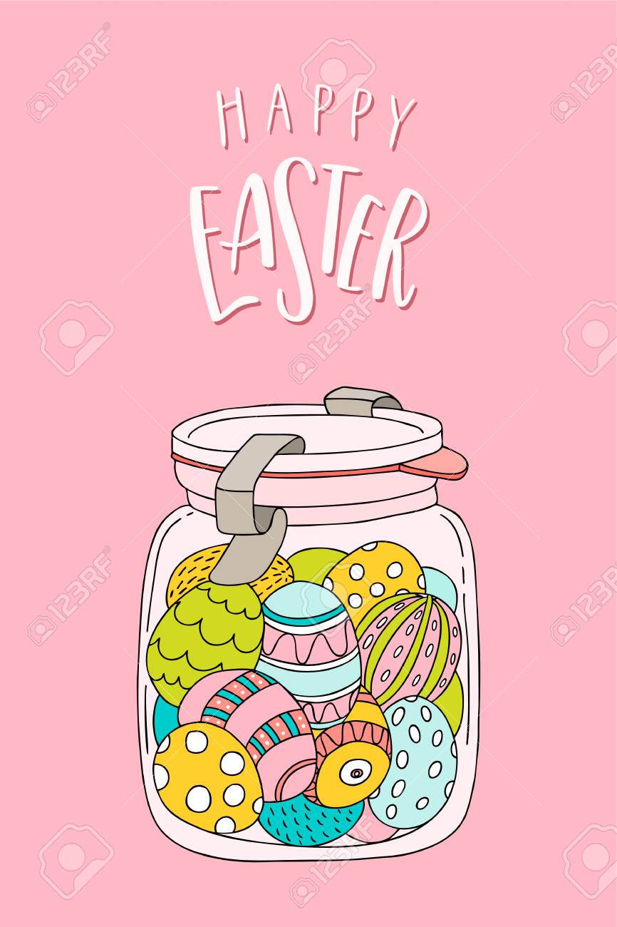 イースターエッグと手書きのテキストを持つ手描きの瓶 ハッピーイースターグリーティングカード キリスト教の春休み の概念は おめでとうございます ベクトルの図のイラスト素材 ベクタ Image