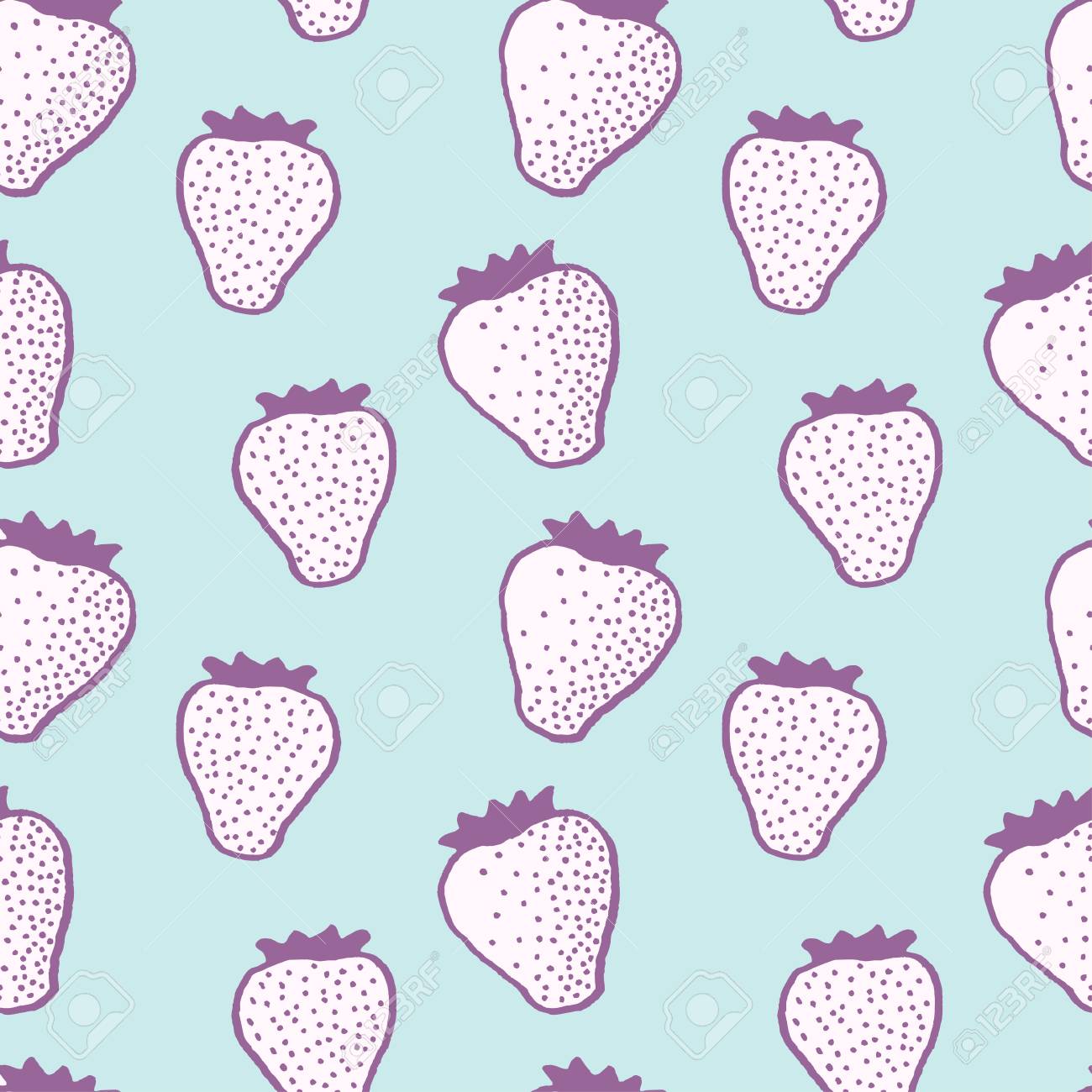 青の背景に描かれた手書きの漫画イチゴとシームレスなパターン ベクトルのイラスト素材 ベクタ Image