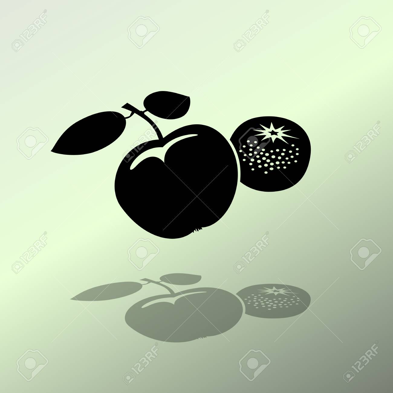 リンゴとミカンのアイコン 2 つのフルーツはブラック ライト グリーン Backdround に影とシルエットです フラットなデザイン 分離されたベクトルのイラスト素材 ベクタ Image