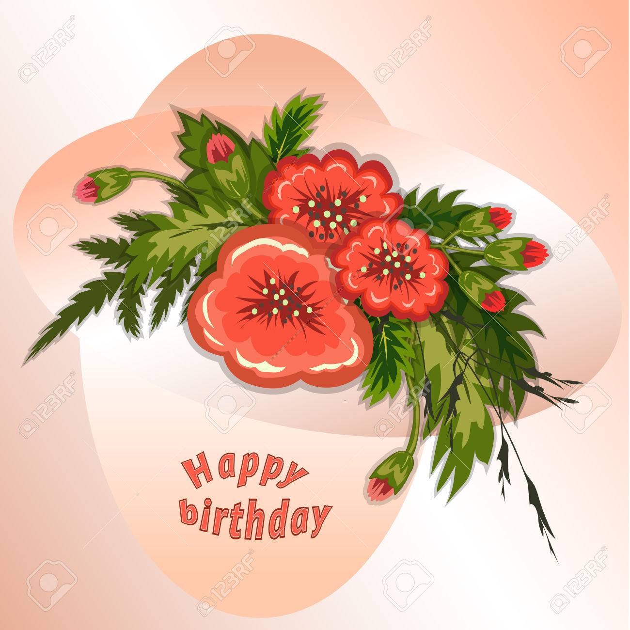 Composition Florale Bouquet De Fleurs Rouges Sur Une Rose Douce Fond Creme Modele De Joyeux Anniversaire Pour Femme Carte De Voeux Illustration Vectorielle Clip Art Libres De Droits Vecteurs Et Illustration