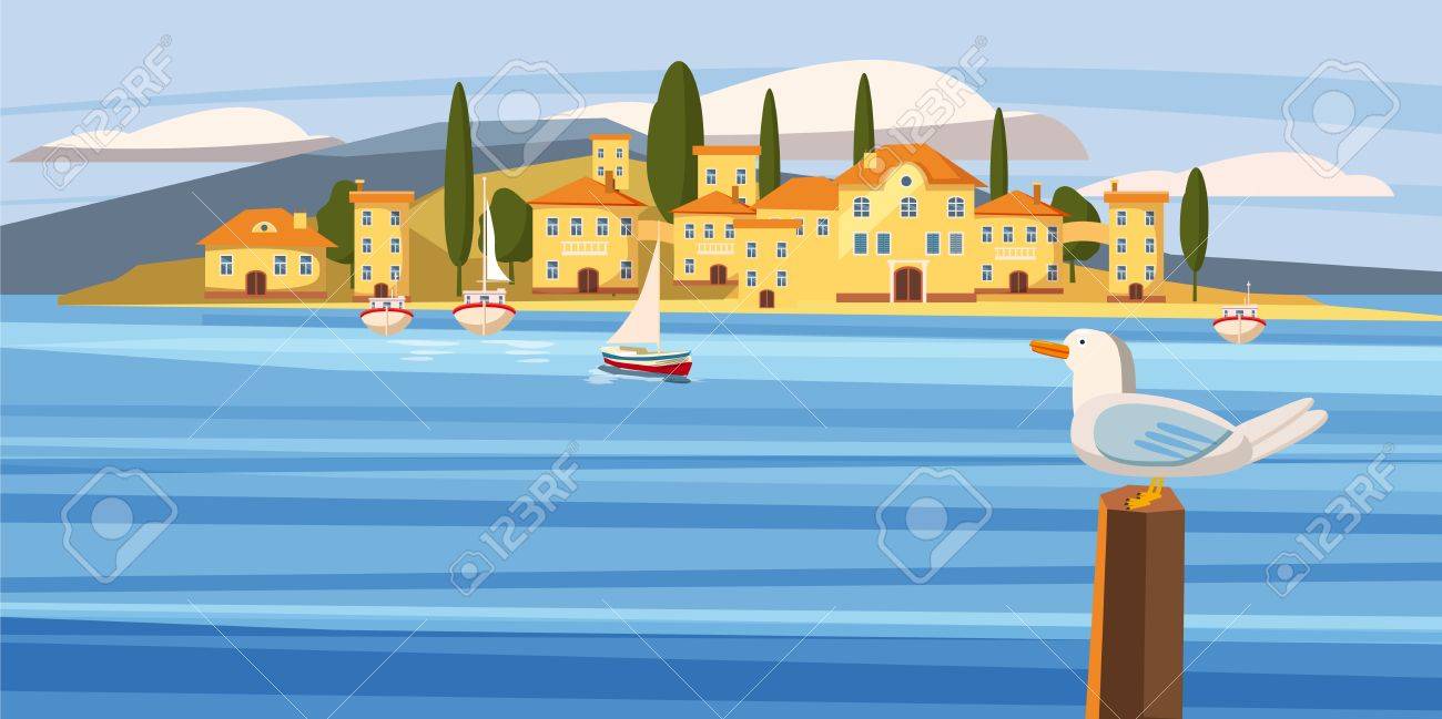 Sea Mediterranean city, coast, boat, sailboat, seagull, cartoon style, vector, illustration - 77525662 Sea Mediterranean city, coast, boat, sailboat, seagull, cartoon style, vector, illustration - 77525662