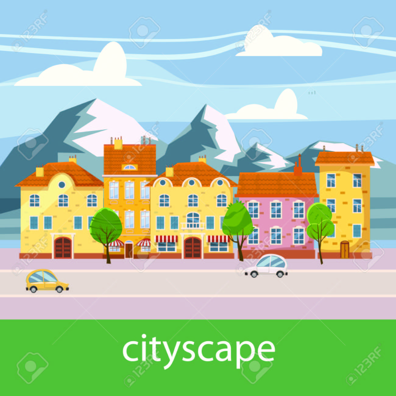 かわいい街並み 美しい家 山々 漫画のスタイル 孤立した ベクトル イラスト のイラスト素材 ベクタ Image