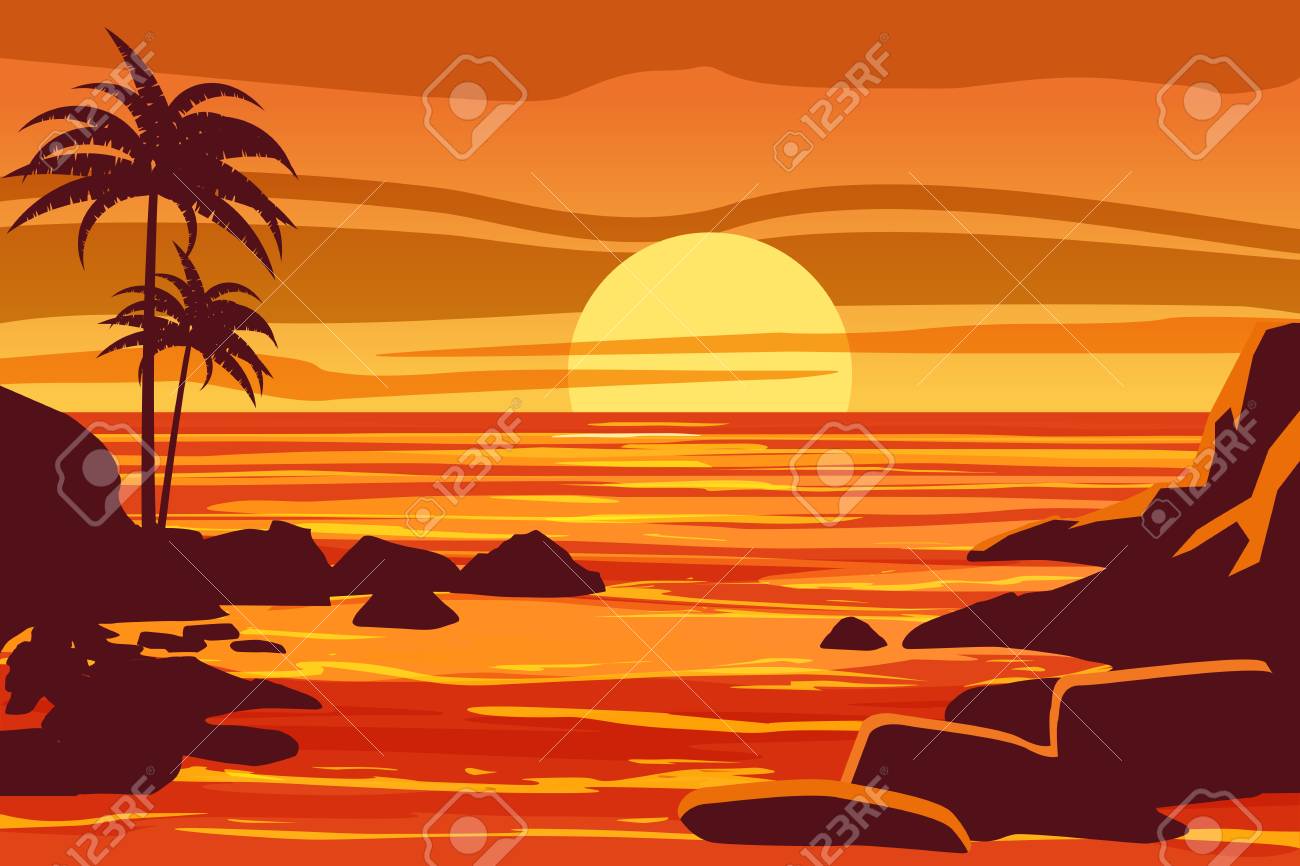 Hermosa Puesta De Sol Tropical Paisaje Con Palmeras Mar Piedras Ilustracion De Estilo De Dibujos Animados De Vector Ilustraciones Vectoriales Clip Art Vectorizado Libre De Derechos Image 96836263