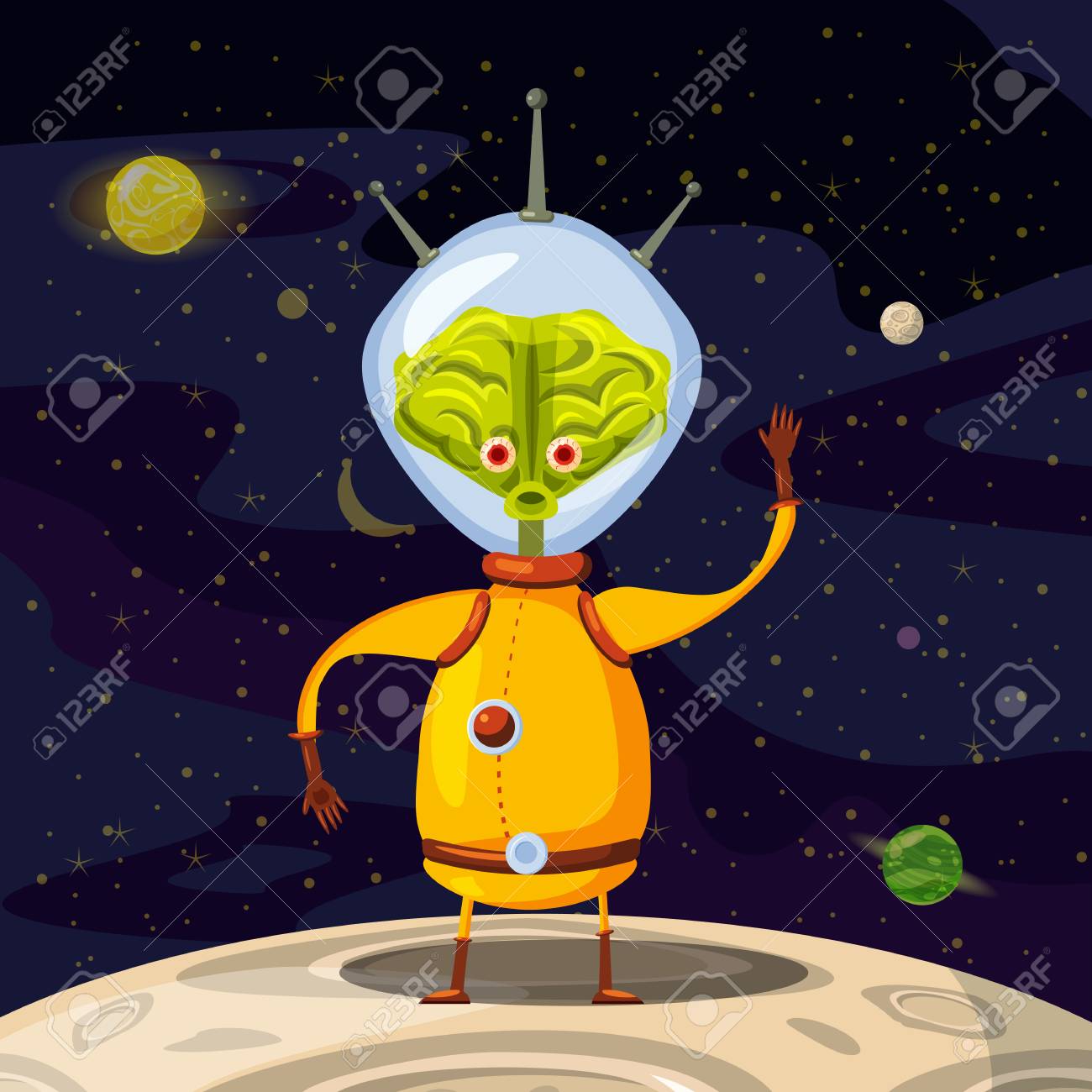 Alien Em Um Traje Espacial, Estilo De Desenho Animado, Espaço De Fundo, Vetor Isolado Royalty Free SVG, Cliparts, Vetores, e Ilustrações Stock. Image 100998325