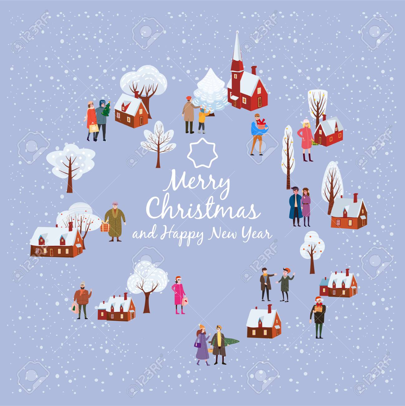 merry christmas and new year card template with people characters new year card template