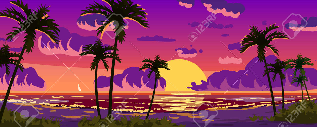 Sunset Ocean Tropical resort landscape panorama. Sea shore beach, sun, exoti csilhouettes palms, coastline, clouds, sky, summer vacation. Vector illustration cartoon style - 171108524 Sunset Ocean Tropical resort landscape panorama. Sea shore beach, sun, exoti csilhouettes palms, coastline, clouds, sky, summer vacation. Vector illustration cartoon style - 171108524