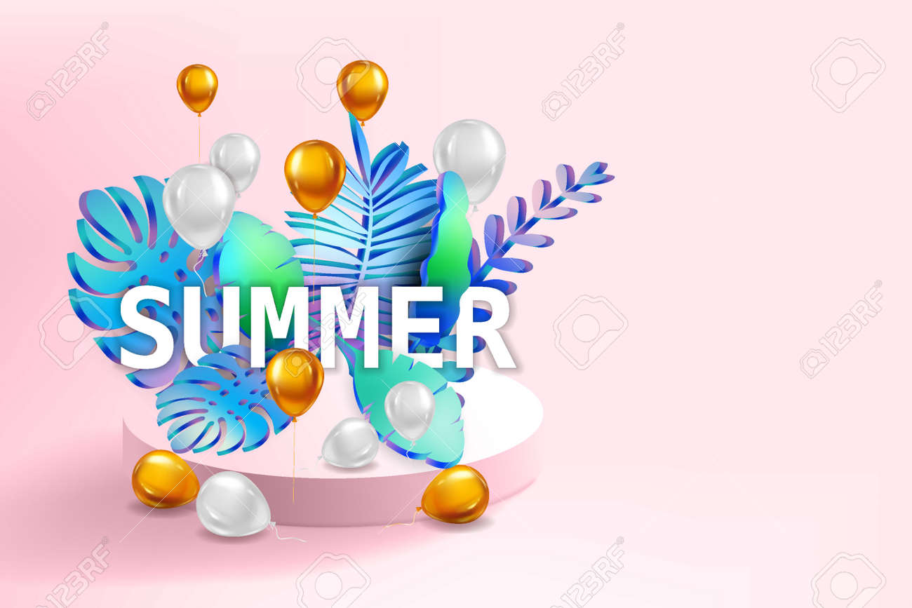 3D Tropical leaves scene podium with text Summer, balloons gold and white, botanical background. Render vector foliag,e pedestal, stage illustration template - 171832826 3D Tropical leaves scene podium with text Summer, balloons gold and white, botanical background. Render vector foliag,e pedestal, stage illustration template - 171832826