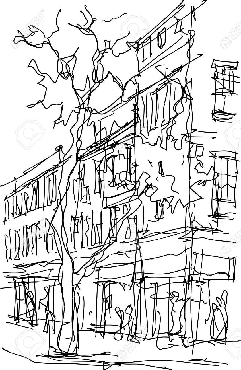 窓のある木や建物 歩き回る人を持つビジネス街の建築スケッチ のイラスト素材 ベクタ Image