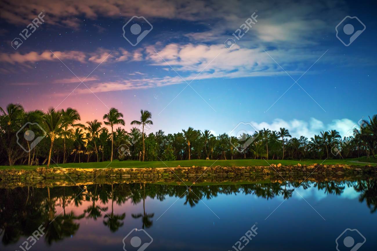 tropical golf course at sunset dominican republic punta cana stock