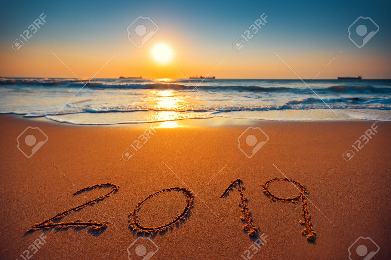 Happy New Year 2019 Concept Lettering On The Beach Sea Sunrise