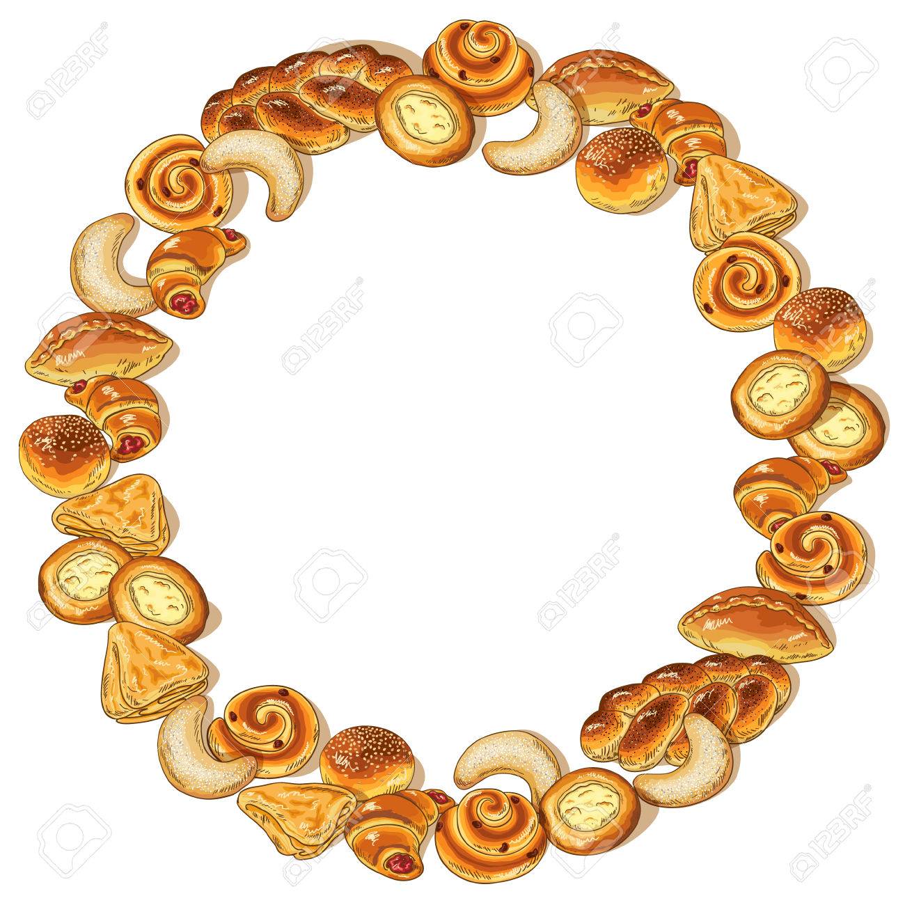 Marco Redondo Con Variedad De Panaderia Ilustraciones Vectoriales Clip Art Vectorizado Libre De Derechos Image