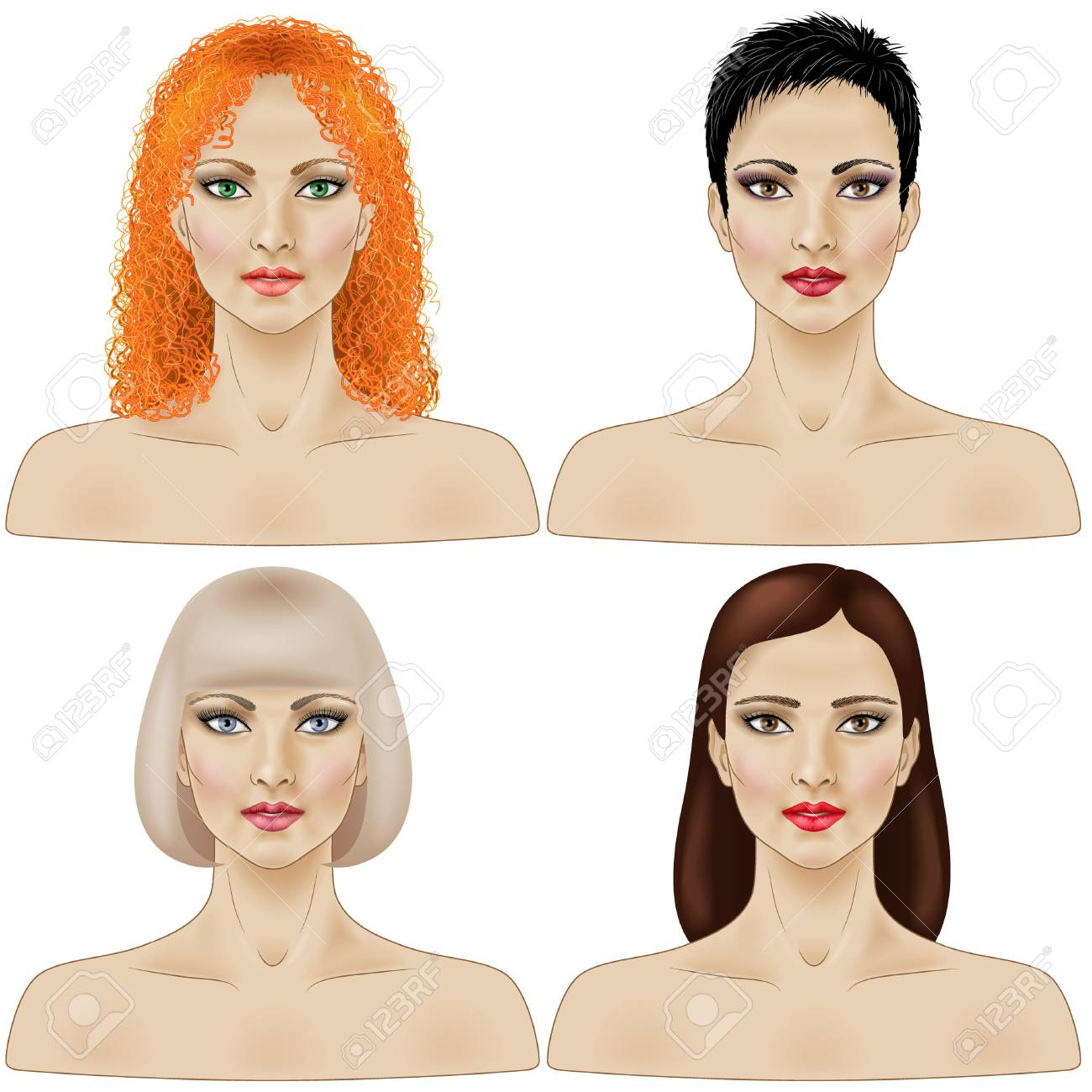 Set Of Women S Faces With Different Hairstyle Isolated On White