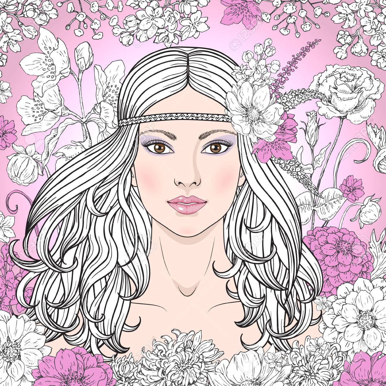 Dessiné La Main Belle Fille Avec Des Fleurs Sur Fond Rose dessiné la main belle fille avec des fleurs sur fond rose Doodle floral frame
