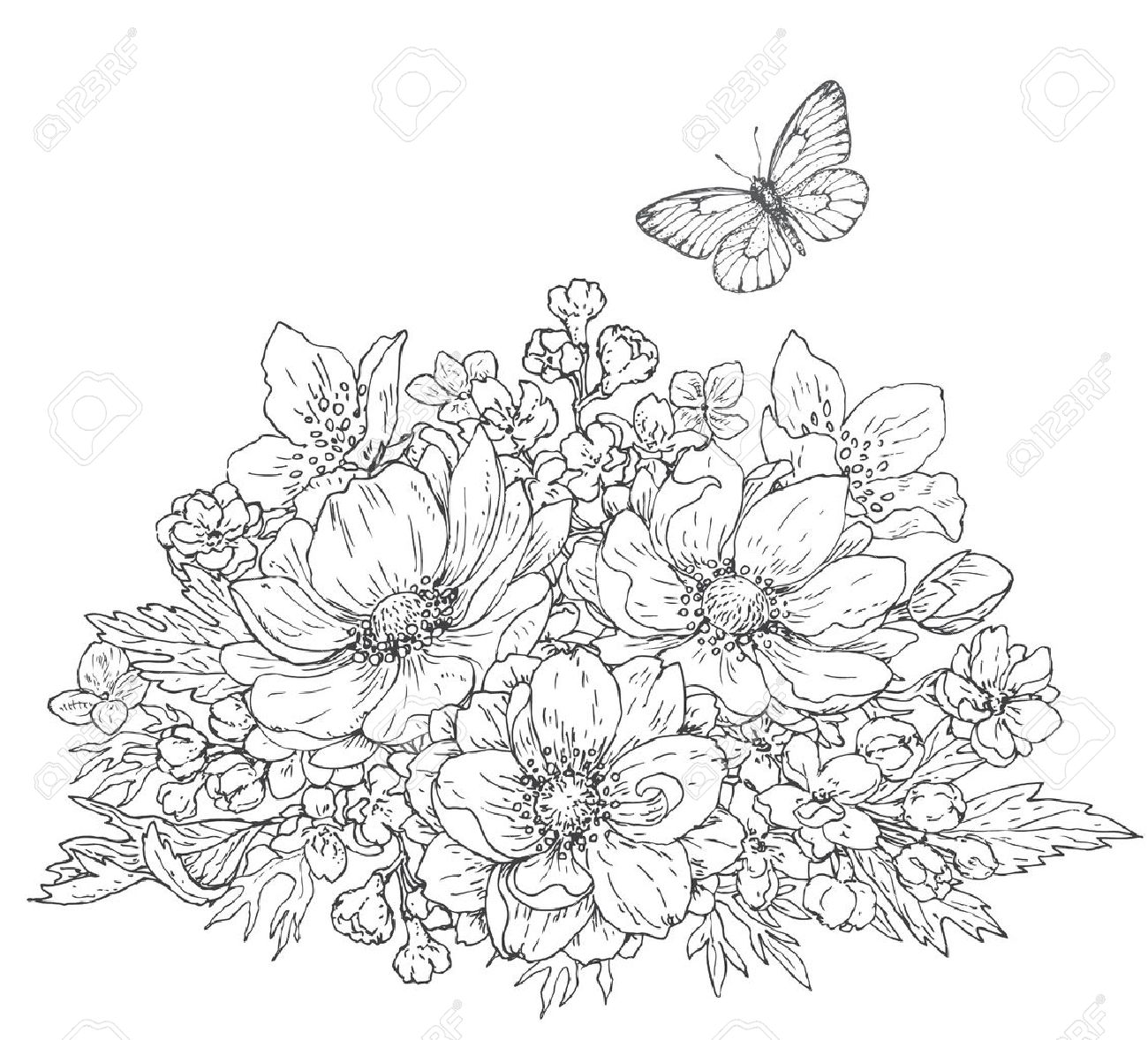 手には、花の束と飛ぶ蝶の線図が描かれました。黒と白は落書きの