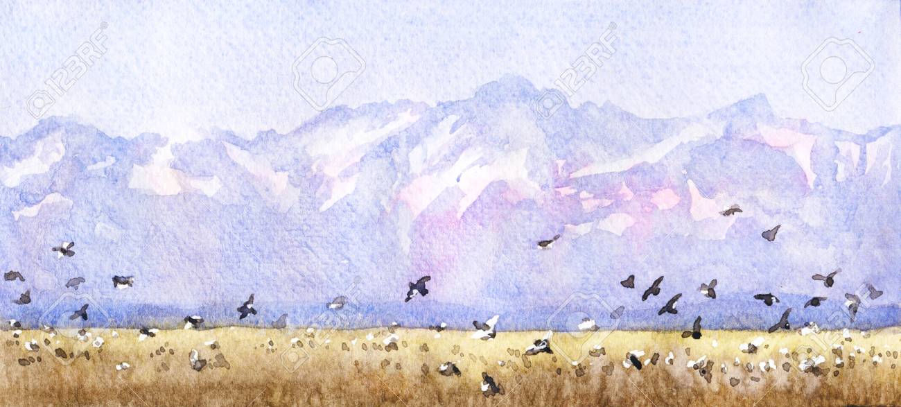 水彩画 手描きのイラスト 山の鳥の飛行風景 自然の景色の背景