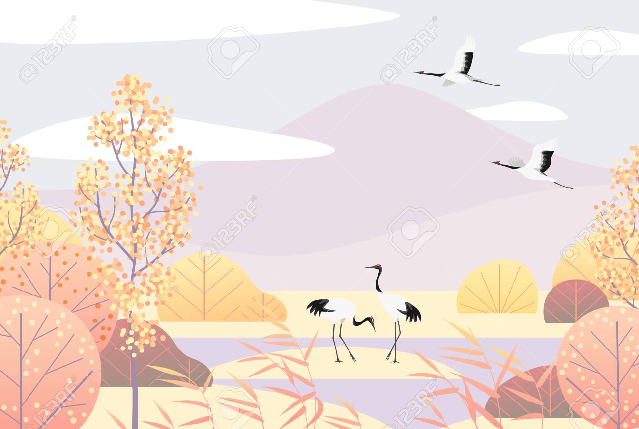 Nature background with wetland scene and Japanese red-crowned cranes. Autumn landscape with mountains, trees, reed and birds. Vector flat naive illustration. - 108775024 Nature background with wetland scene and Japanese red-crowned cranes. Autumn landscape with mountains, trees, reed and birds. Vector flat naive illustration. - 108775024