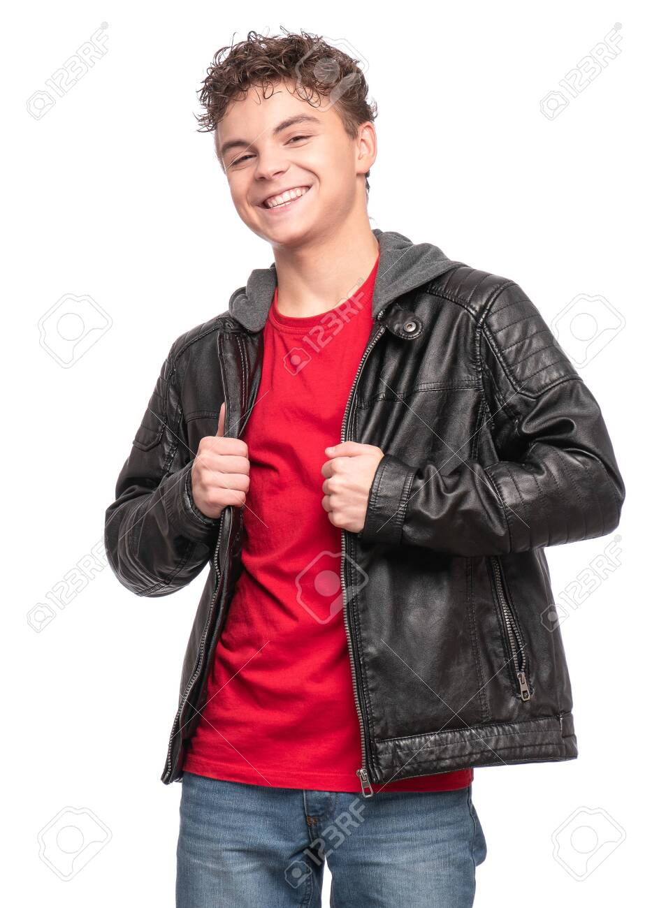 black jacket red shirt