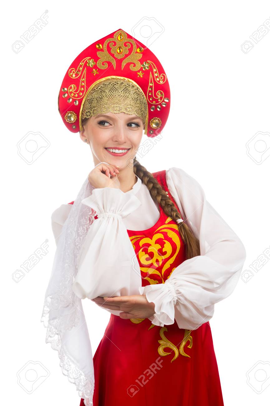 白で隔離の民族衣装で笑顔ロシア美女 の写真素材 画像素材 Image
