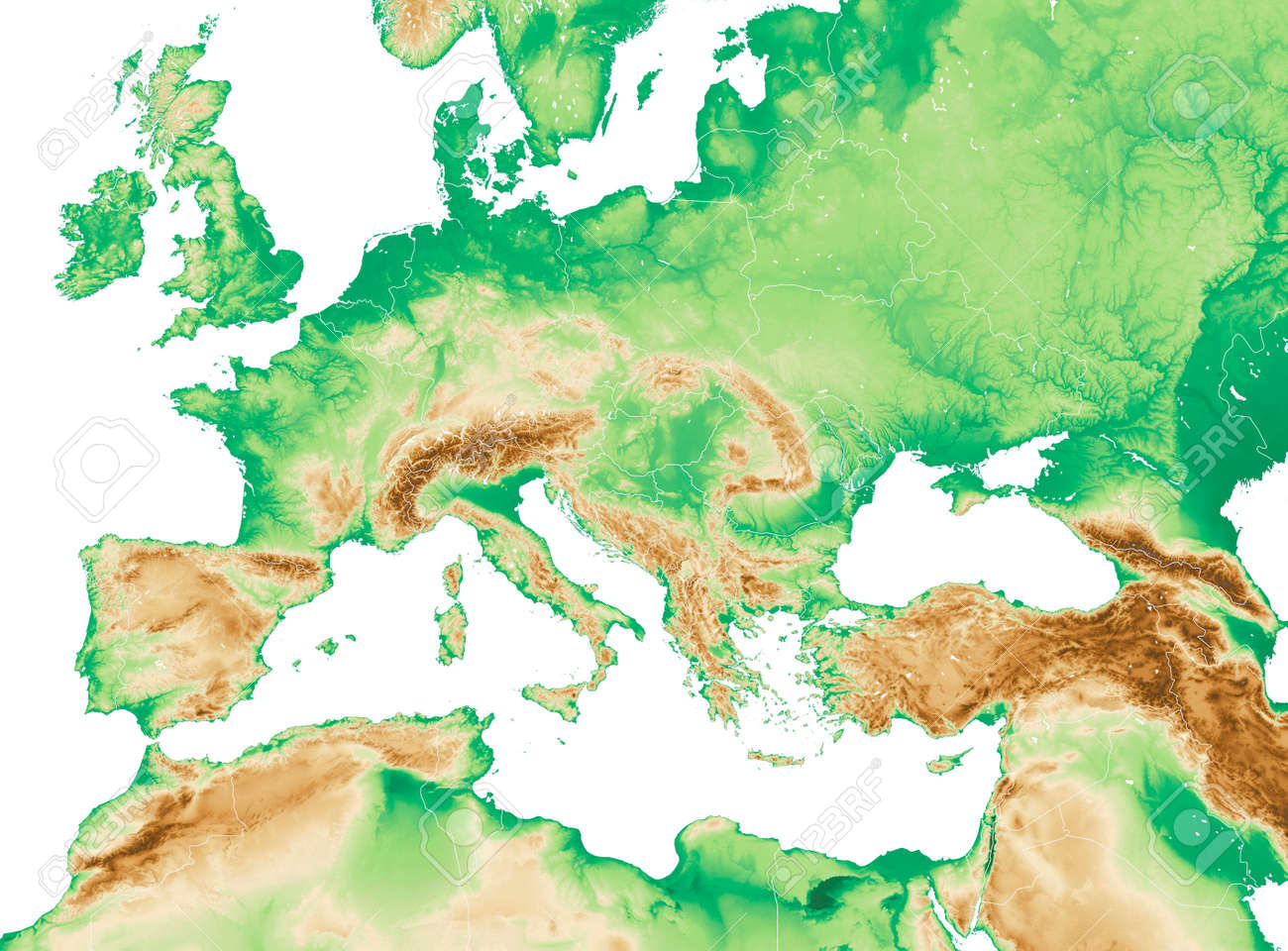 地中海と中央ヨーロッパ、州と国境、北アフリカと中東の物理的な地図。山、湖、平野。 3Dレンダリングの写真素材・画像素材 Image 169507026
