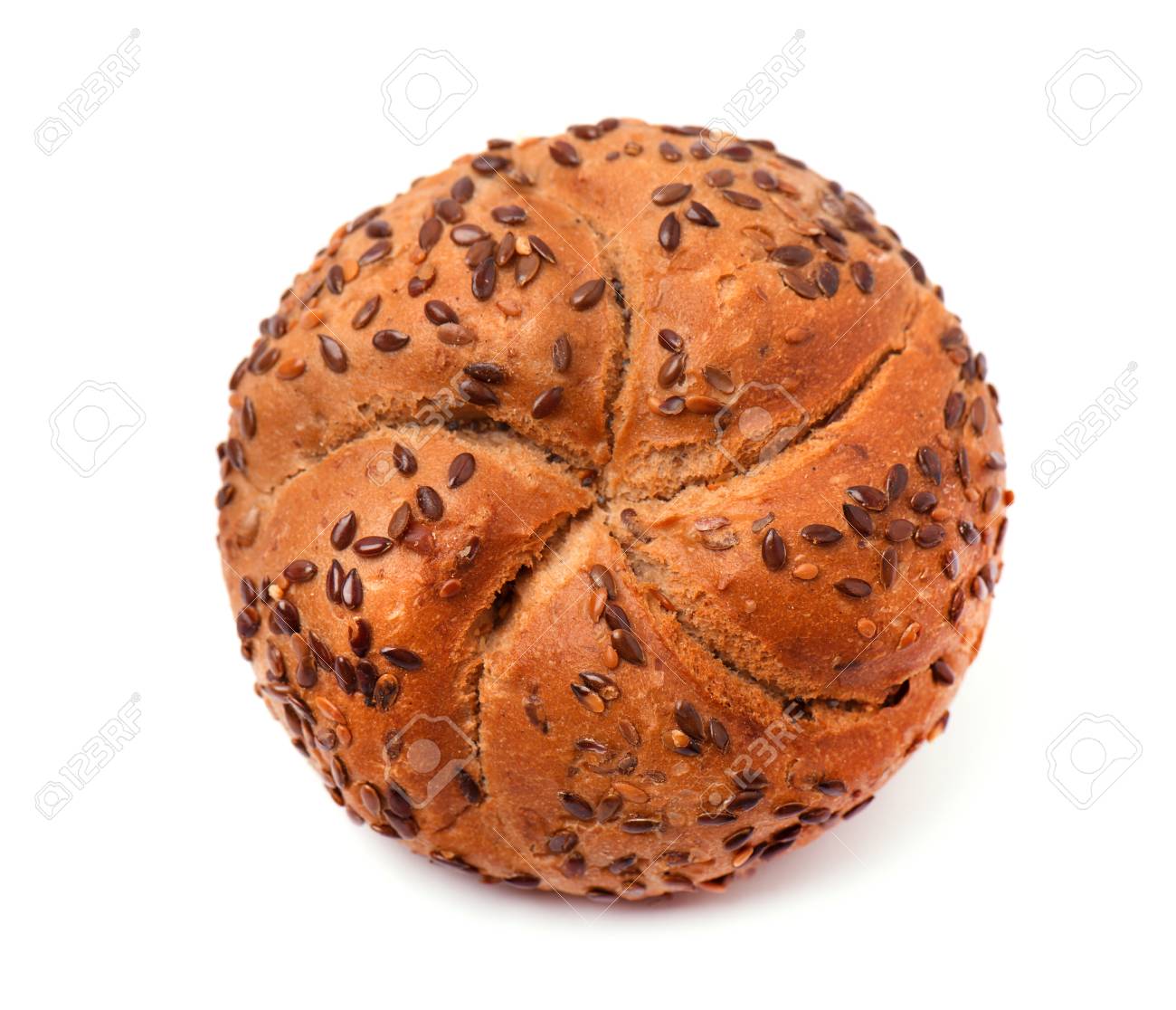 亜麻の種子は 白い背景で隔離の饅頭 カイザー ロール粒亜麻 の写真素材 画像素材 Image