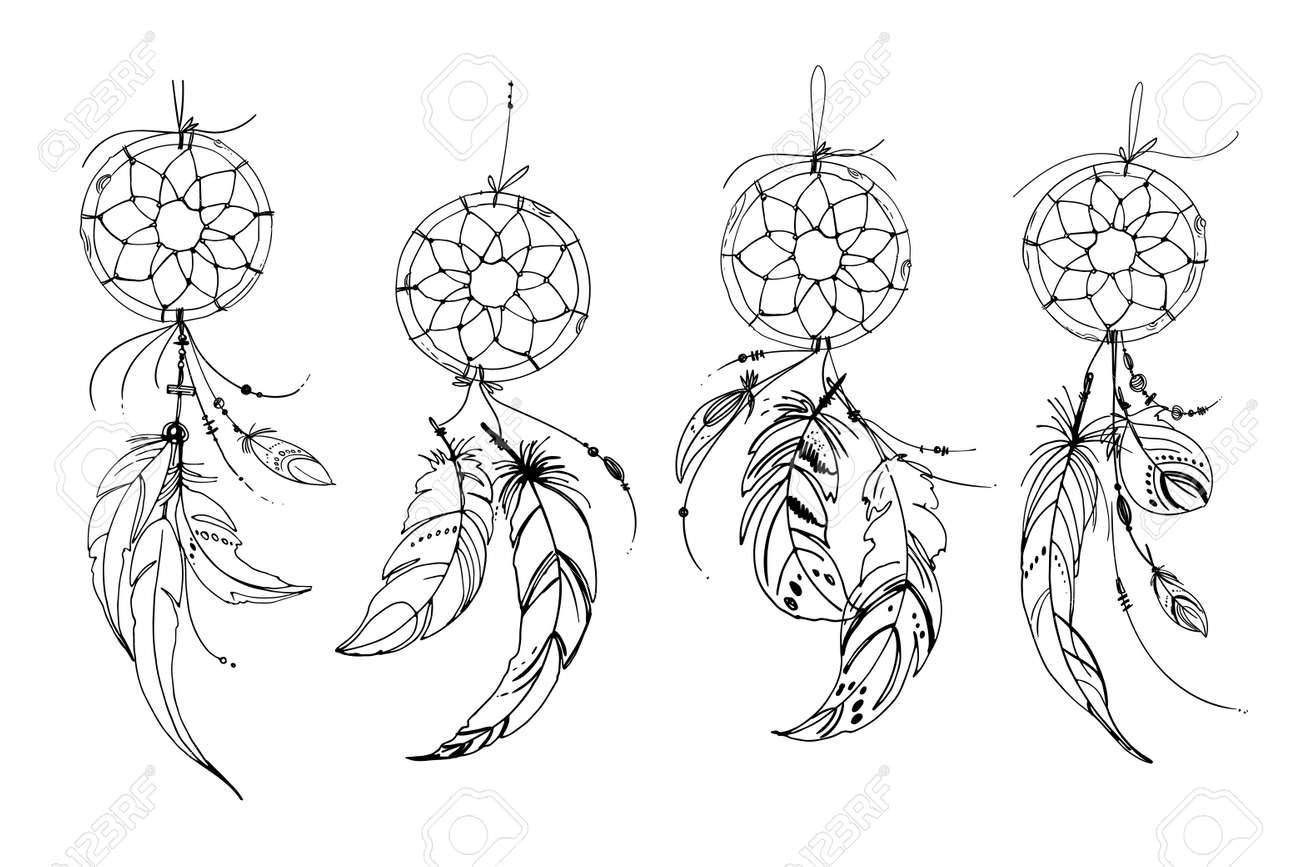 Dreamcatcher Hippie Decoration Tattoo Vector Line. Boho Style, Beads And  Feathers. Illustration Art Royalty Free SVG, Cliparts, Vectors, and Stock  Illustration. Image 167190402., image size:1300x867