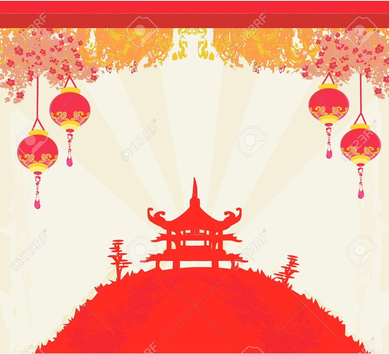 old paper with asian landscape and chinese lanterns - vintage old paper with asian landscape and chinese lanterns - vintage