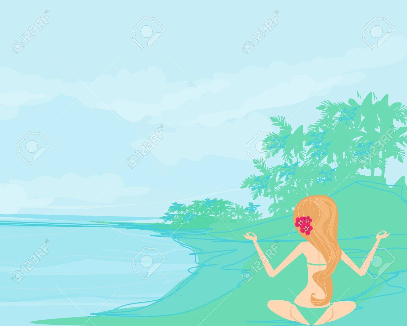 ヤシの木で夏背景にポーズ ヨガの女の子のイラスト素材 ベクタ Image