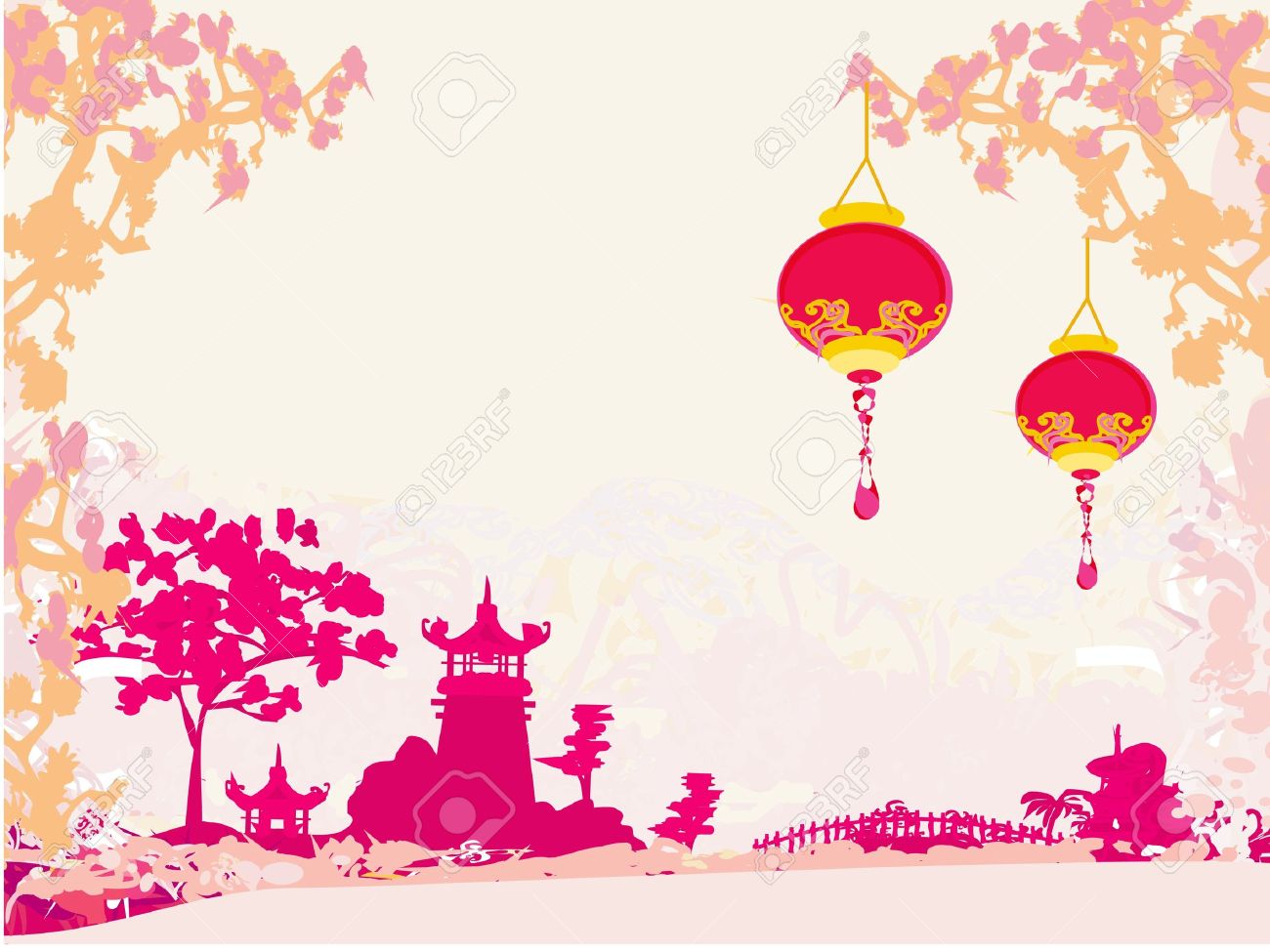 アジア風景と中国のランタン ビンテージ和風背景と古紙 のイラスト素材 ベクタ Image