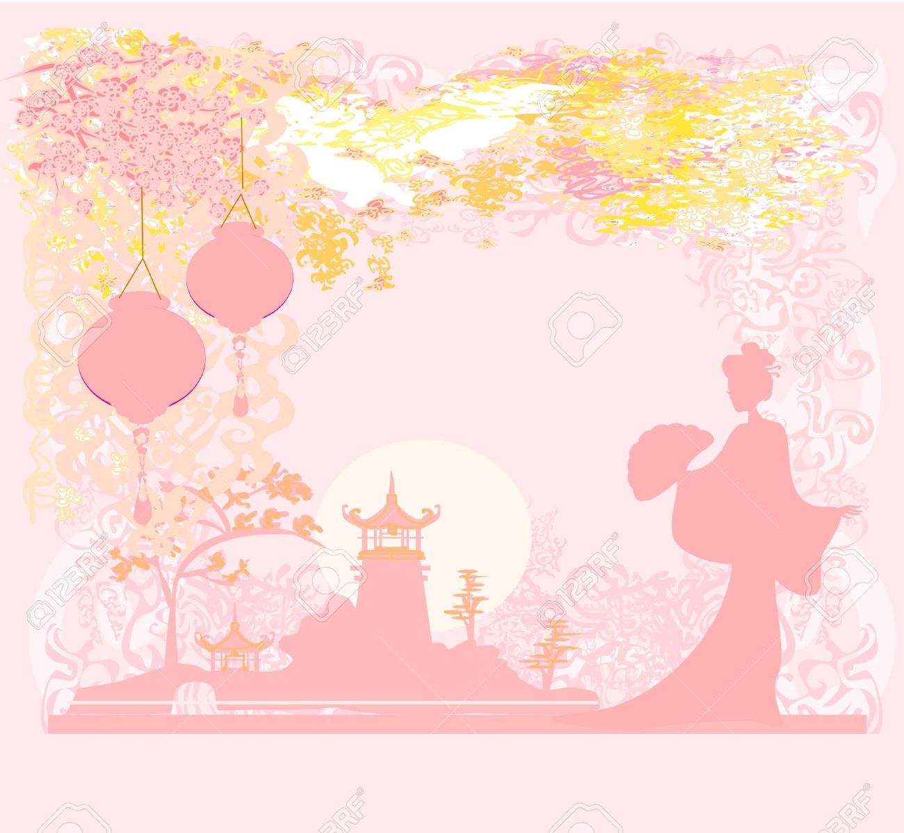 アジア風景と中国のランタン ビンテージ和風背景と古紙のイラスト素材 ベクタ Image