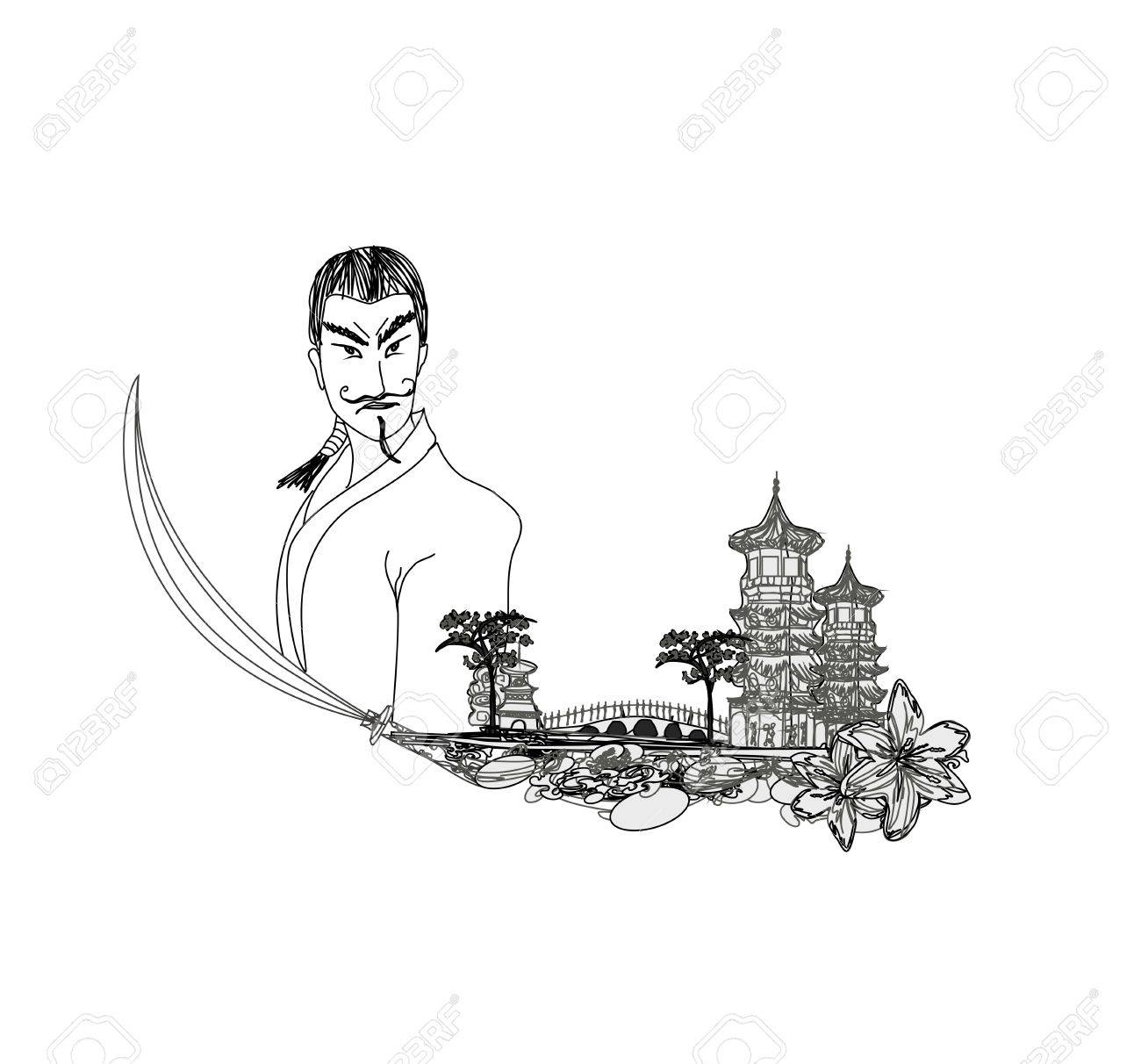 アジア風景 落書きベクトル イラストの武士 のイラスト素材 ベクタ Image