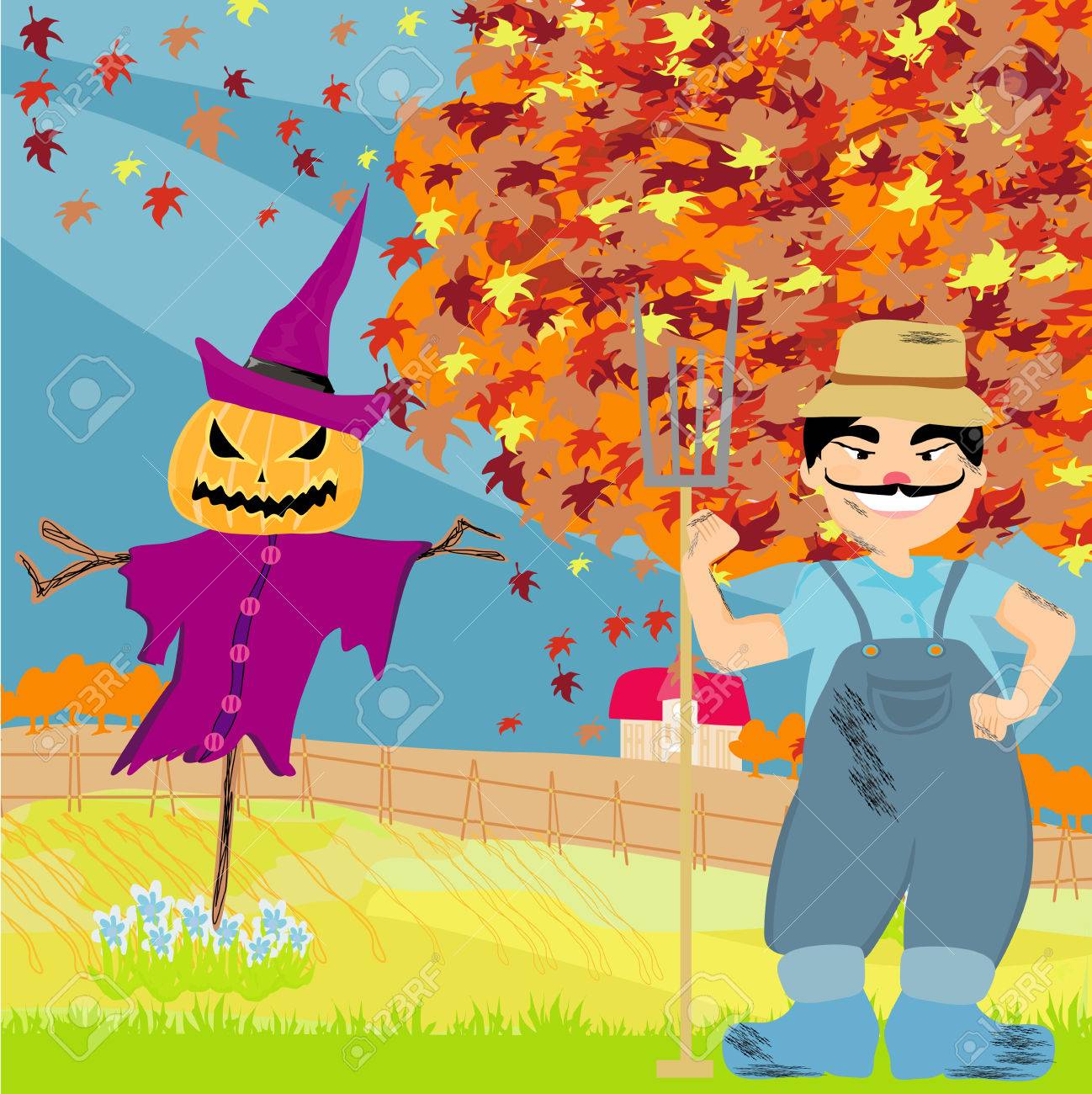 秋の風景の中の田舎者を笑顔のイラスト素材 ベクタ Image