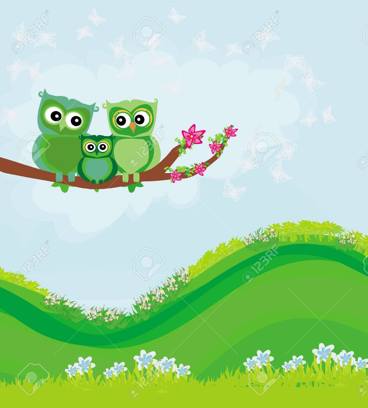 Hiboux Mignon Couple Avec Bebe Hibou Assis Sur Une Branche Clip Art Libres De Droits Vecteurs Et Illustration Image