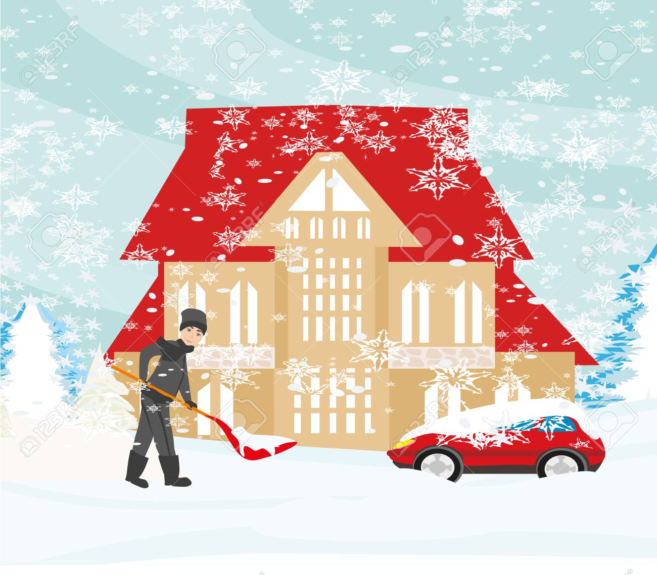 男の冬の風景の雪かき のイラスト素材 ベクタ Image