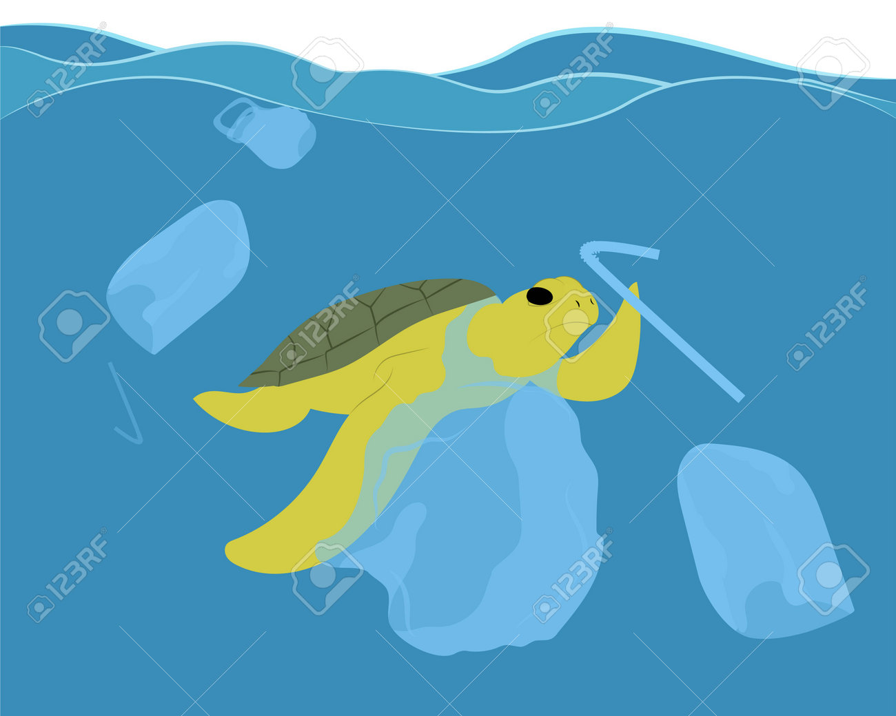 海の他のプラスチックゴミの中に浮かぶビニール袋に閉じ込められ