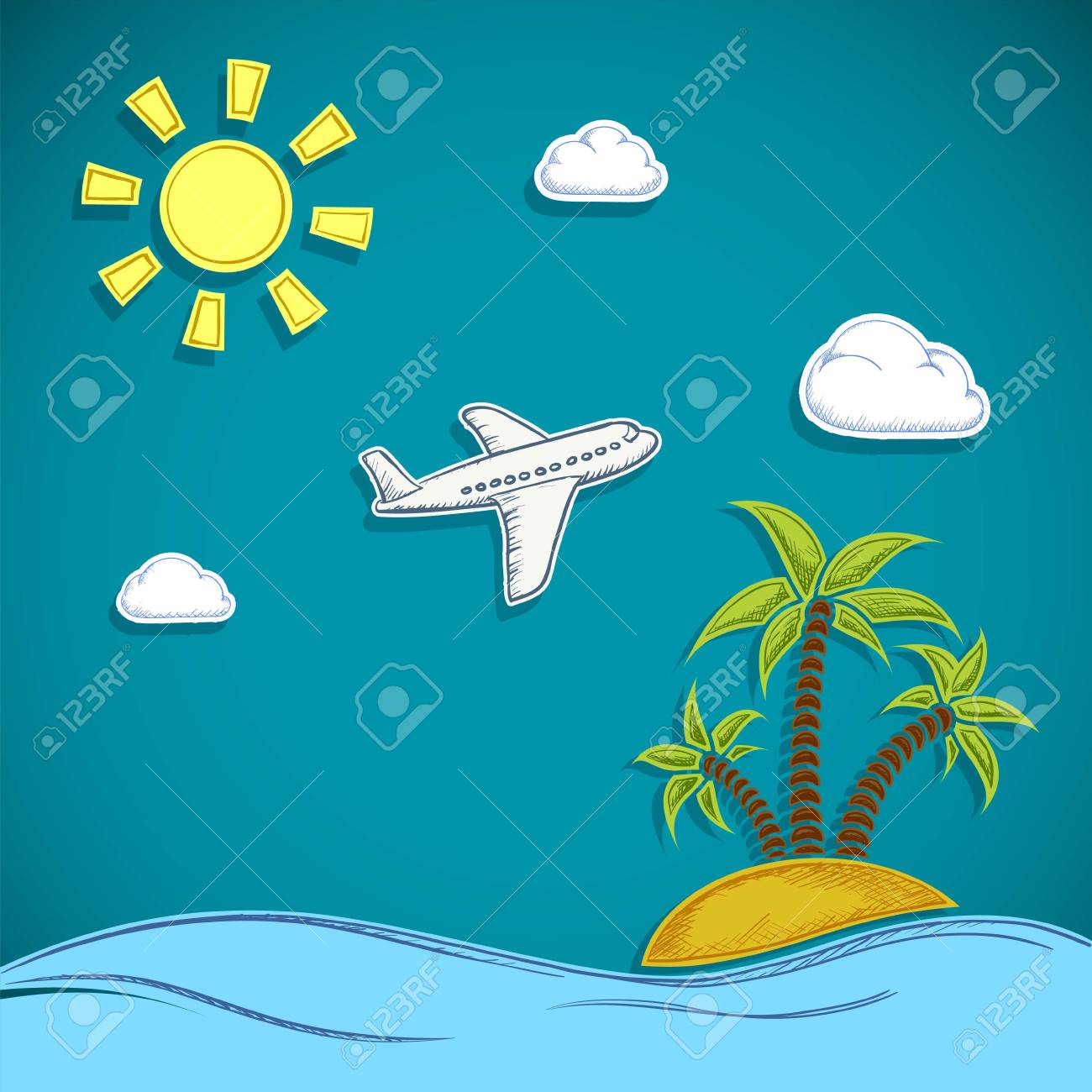 Flugzeug Fliegt In Die Wolken Insel Mit Sand Und Palmen Urlaub Am Meer Mit Dem Strand Stock Vektorgrafik Flache Grafische Darstellung Lizenzfrei Nutzbare Vektorgrafiken Clip Arts Illustrationen Image