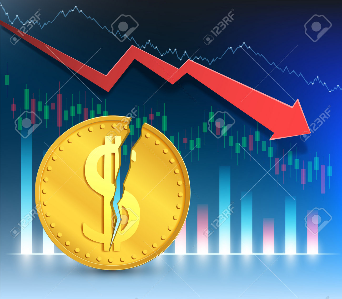 감소하는 금융 그래프의 배경에 균열이 있는 달러 동전. 경제 위기와 경기 침체. 벡터 일러스트 레이 션 로열티 무료 사진, 그림,  이미지 그리고 스톡포토그래피. Image 160897077