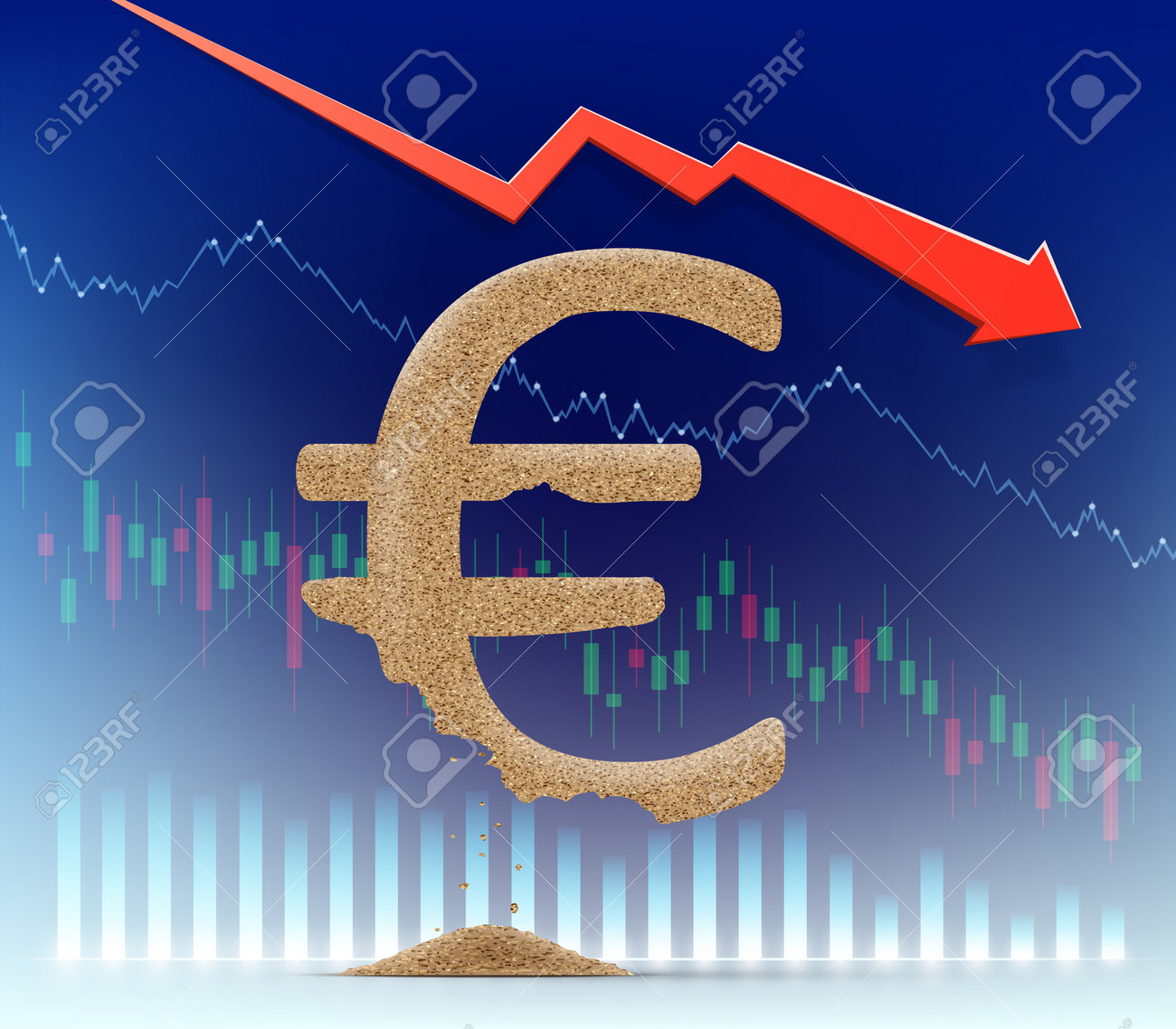 崩れかけた砂から作られたユーロ通貨記号。下落する財務チャートとチャートを背景に。ユーロ圏の金融危機。ベクターイラストのイラスト素材・ベクター  Image 192178950
