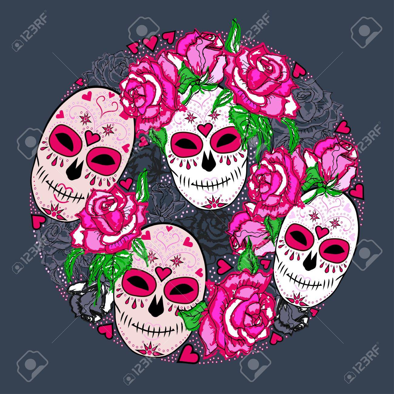circle concept with sugar skull and pink roses day of the dead
