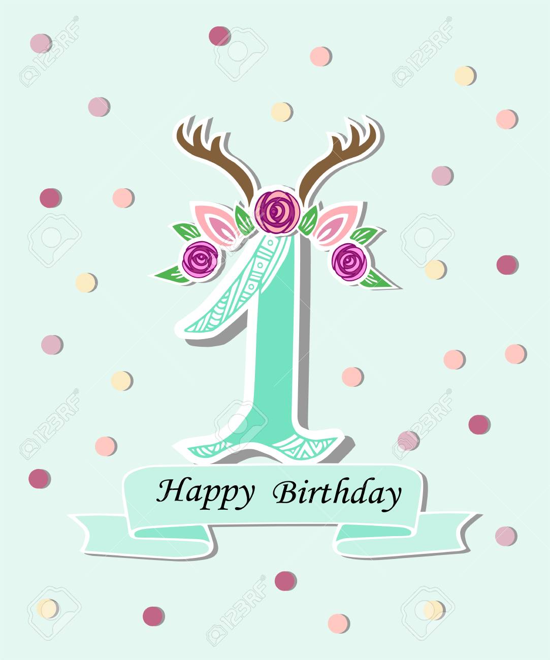 vector illustration number one with antlers flower wreath template