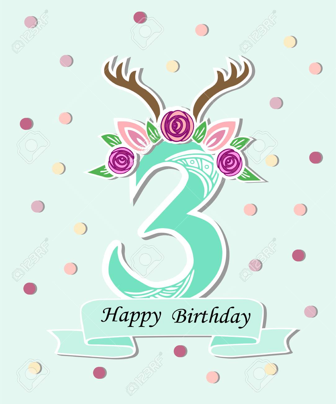vector illustration number three with antlers flower wreath number three template