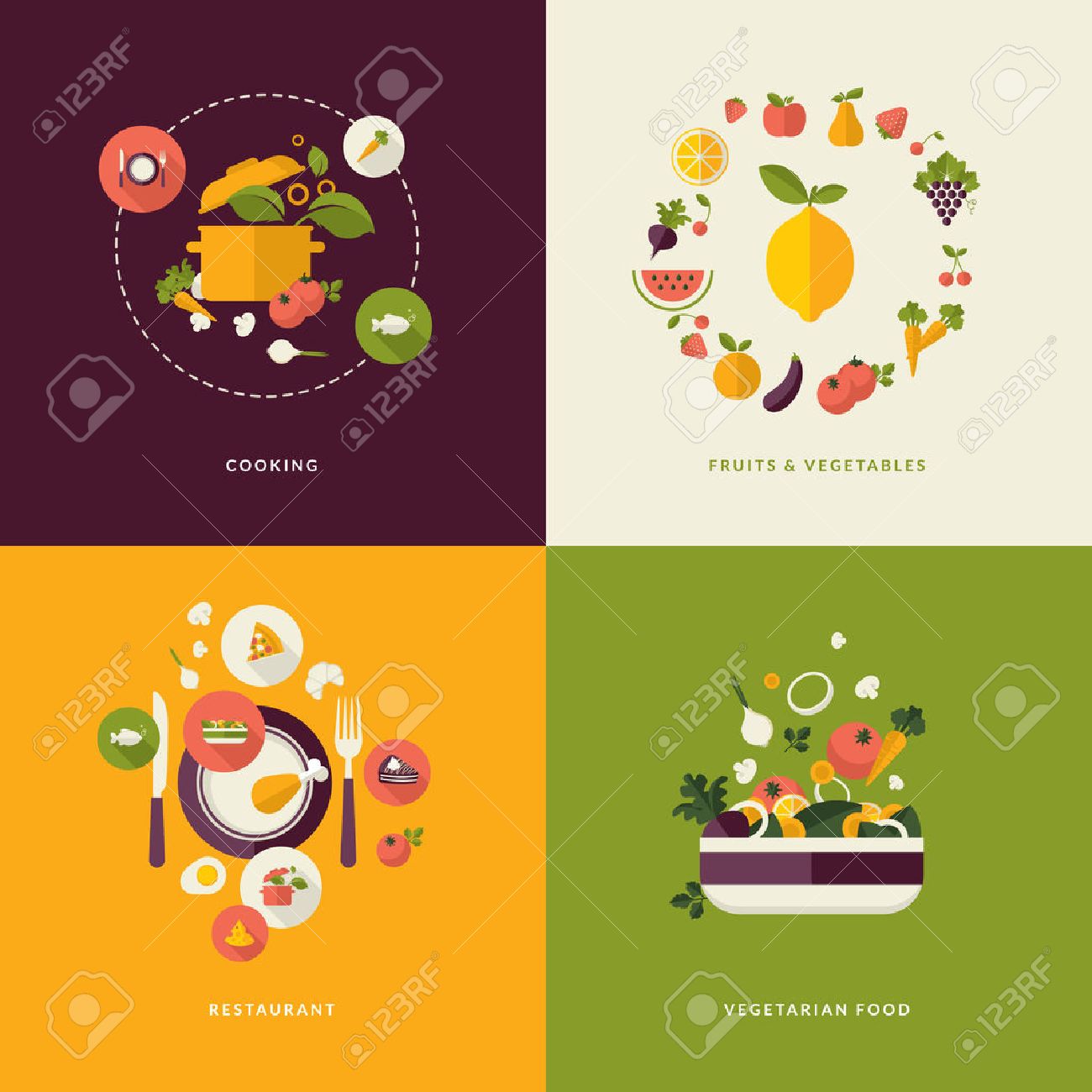 Set of flat design concept icons for food and restaurant Icons for cooking, fruits and vegetables, restaurant and vegetarian food - 26593114 Set of flat design concept icons for food and restaurant Icons for cooking, fruits and vegetables, restaurant and vegetarian food - 26593114