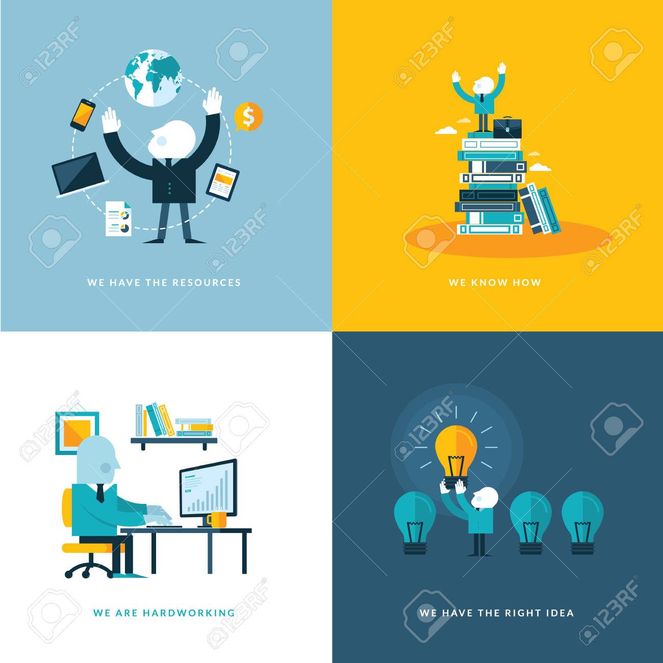 Set of flat design concept icons for business Icons for company resources, know how, hardworking, and creativity - 27535921 Set of flat design concept icons for business Icons for company resources, know how, hardworking, and creativity - 27535921