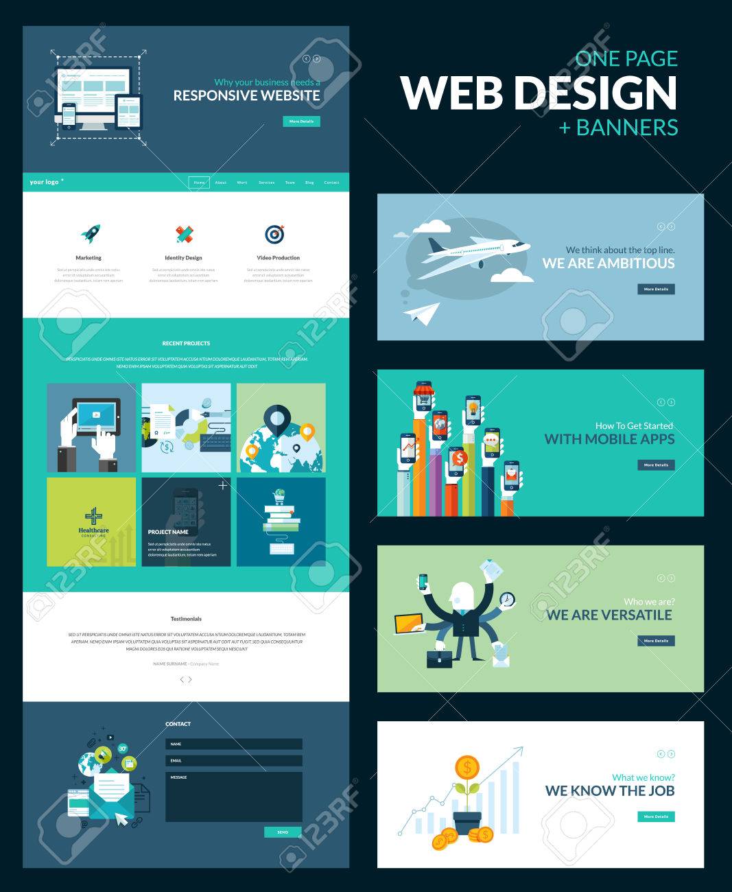 ウェブサイトの反応とフラットなデザイン コンセプト イラスト バナーのためのセットの 1 つのページの Web サイト テンプレートが含まれています ウェブサイトのデザインのいずれかですべてのセット 1 つのページのウェブサイトのデザイン テンプレート のイラスト素材