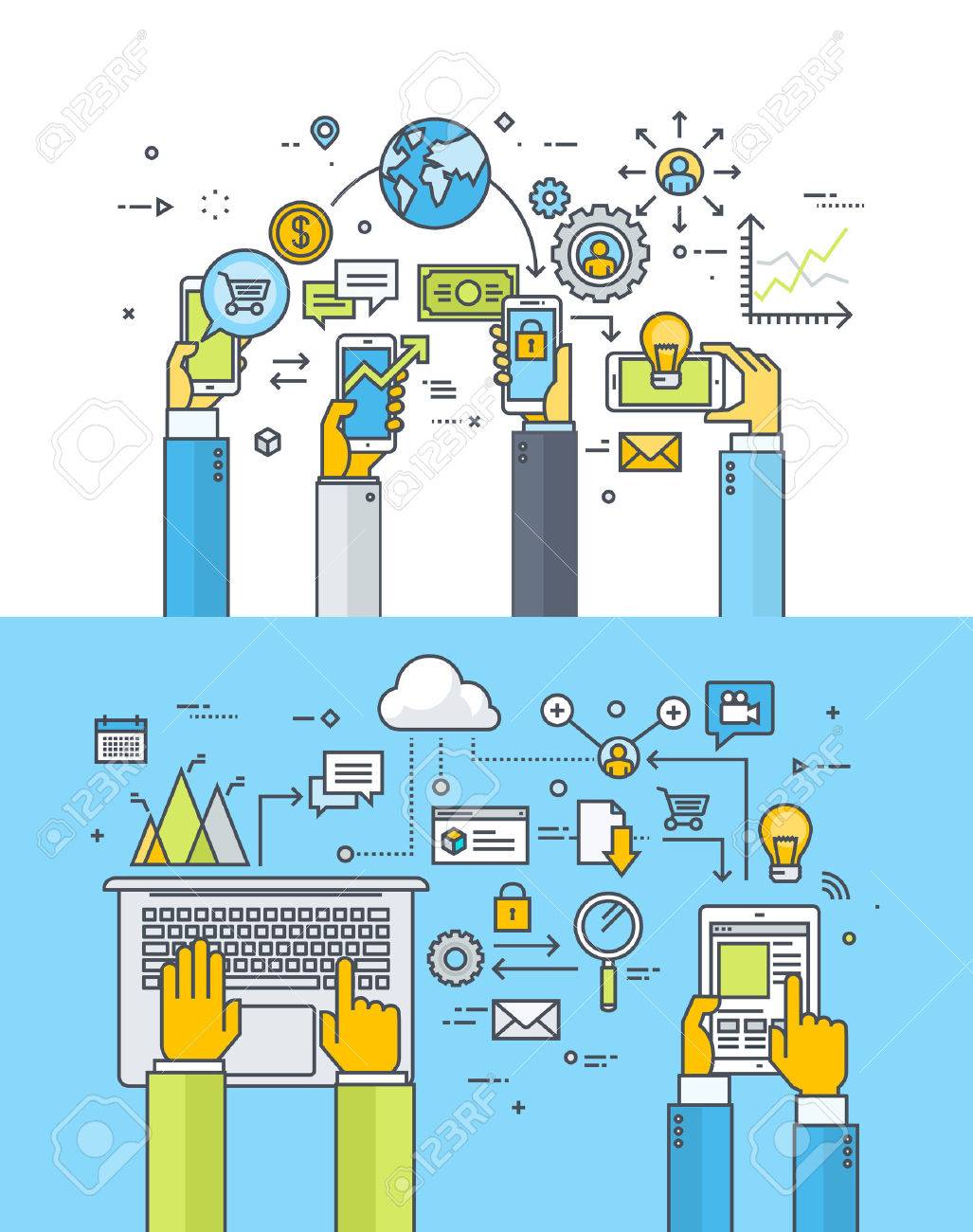 モバイル ビジネス 金融 M 銀行 M コマース クラウド コンピューティング オンライン ビジネス コミュニケーション サービス薄いライン フラット設計の概念のセットです Web バナーのベクトル イラスト のイラスト素材 ベクタ Image