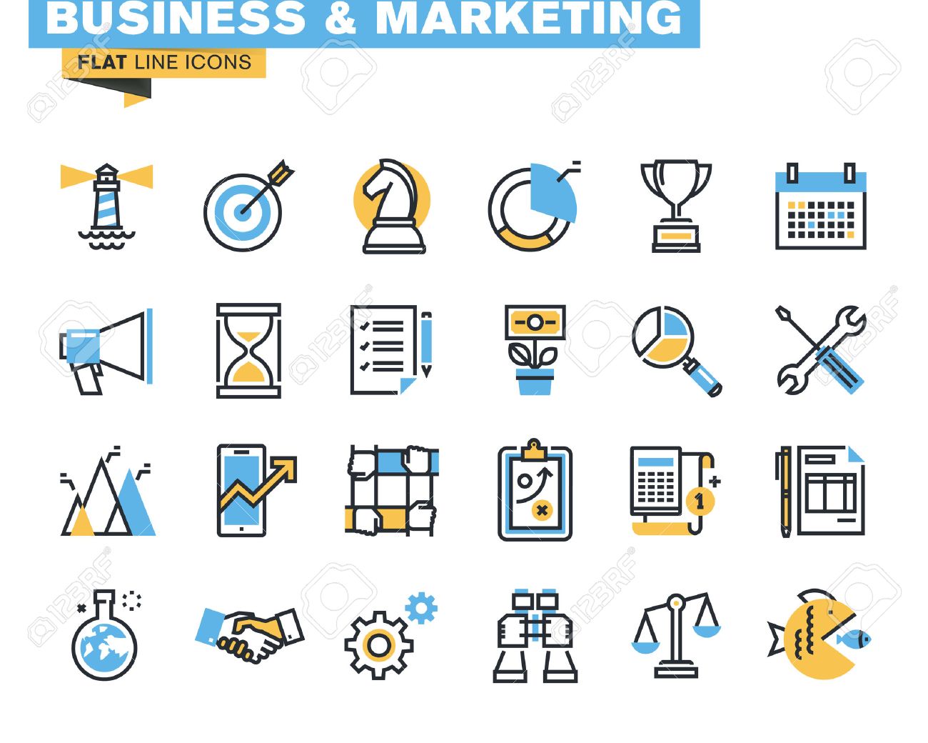 デザイナーや開発者のトレンディなフラット ライン アイコンをパック ビジネス マーケティング 管理 企画 分析 金融 成功 チームワーク 市場調査 商品 サービス開発 Web サイトやモバイル サイトとアプリのアイコン のイラスト素材 ベクタ Image