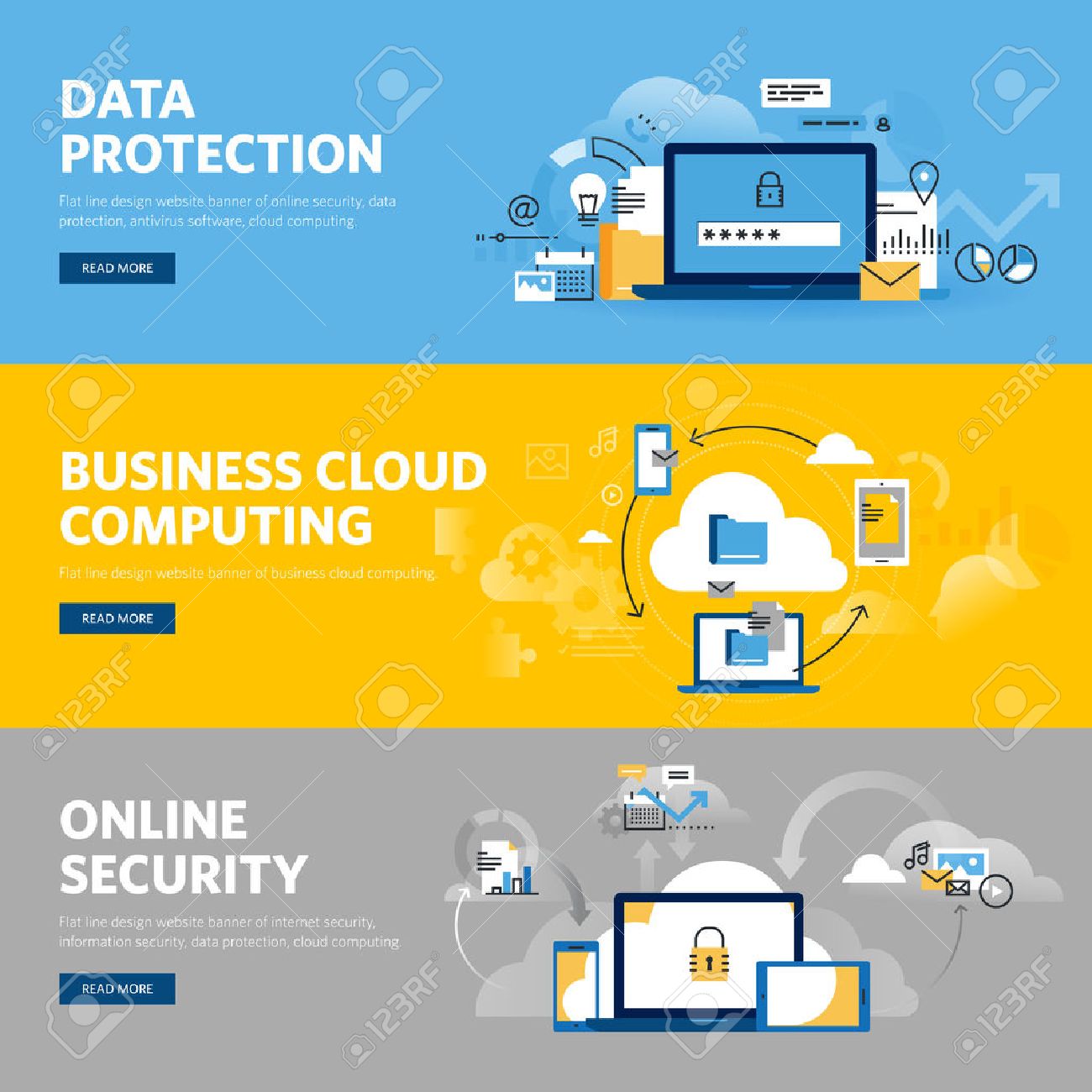 Set of flat line design web banners for data protection, internet security, antivirus software and services, business cloud computing. Vector illustration concepts for web design, marketing, and graphic design. - 54614319 Set of flat line design web banners for data protection, internet security, antivirus software and services, business cloud computing. Vector illustration concepts for web design, marketing, and graphic design. - 54614319