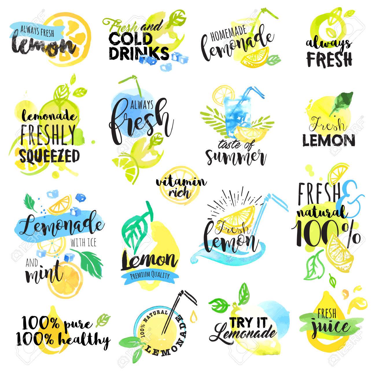 set of hand drawn watercolor labels and signs of lemon and lemonade lemonade sign template