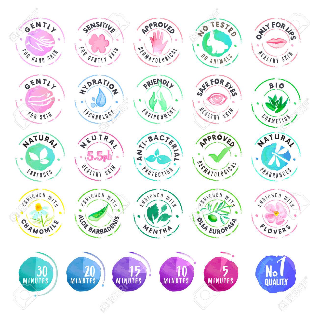 set of hand drawn watercolor stickers for cosmetics vector